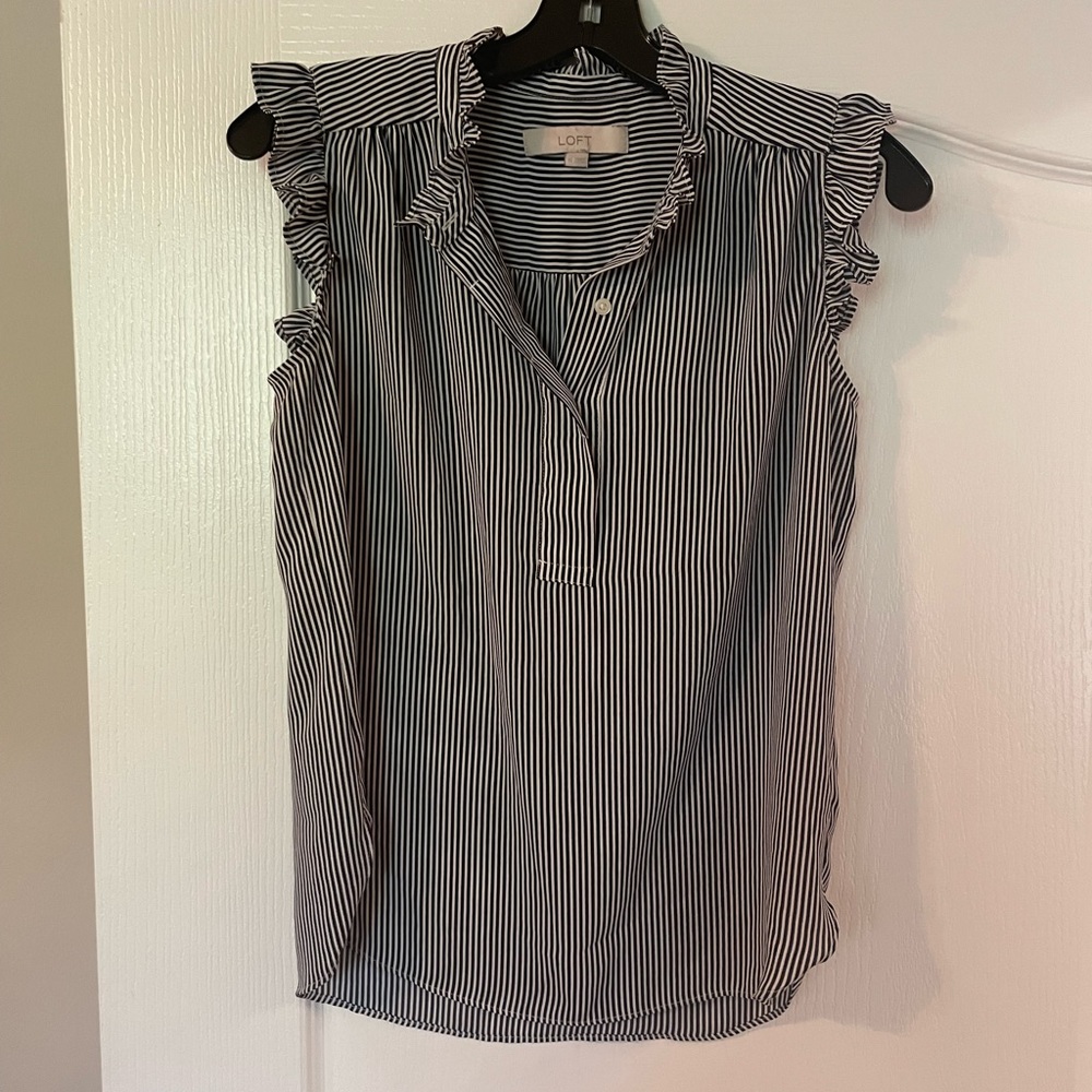 Ann Taylor Loft navy, striped, ruffle blouse